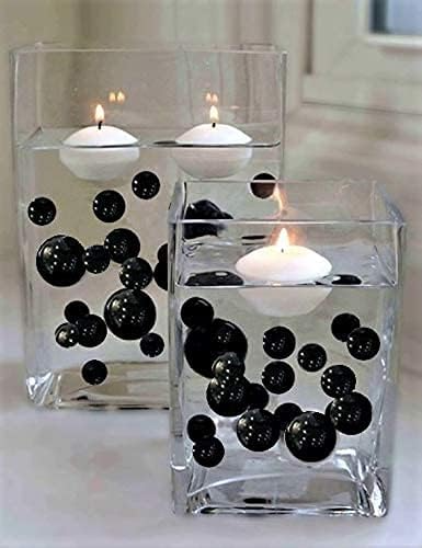 100 "Floating" Black Pearls and Matching Gems-Shiny-Jumbo Sizes-Fills 2 Gallons for Your Vases-With Transparent Water Gels Floating Kit-Option: 6 Submersible Fairy Lights Strings