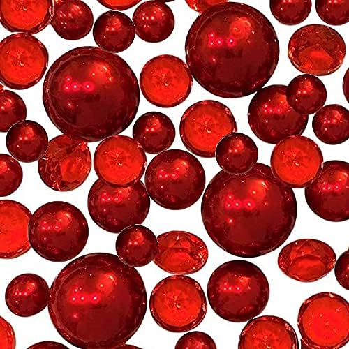 100 "Floating" Red Pearls and Matching Gems-Shiny-Jumbo Sizes-Fills 2 Gallons for Your Vases-With Transparent Water Gels Floating Kit-Option: 6 Submersible Fairy Lights Strings