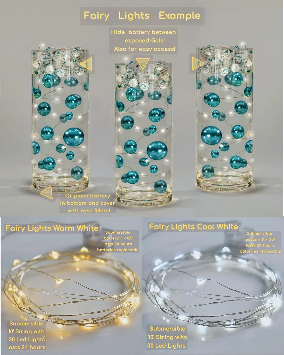 75 Floating Rose Gold Pearls - Shiny - 1 Pk Fills 1 Gallon of Gels for Floating Effect - With Measured Gels Prep Bag - Option of 3 Submersible Fairy Lights Strings