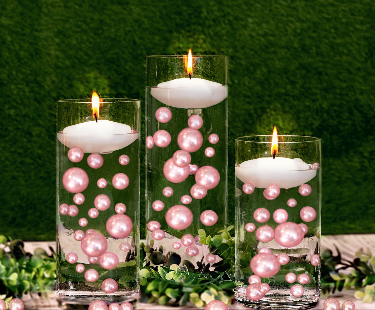 100 Floating Light Pink Pearls & Floating Matching Gems - Fills 2 Gallons of Transparent Gels for Floating Effect - With Floating Gels Measured Prep Bags - Option: 6 Submersible Fairy Lights Strings