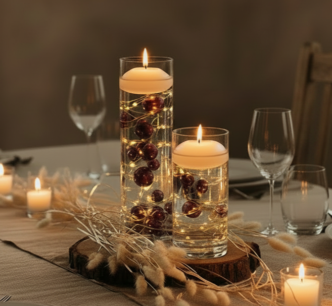 100 Floating Burgundy Pearls with Sparkling Gems- Large Sizes- Option of 6 Submersible Fairy Lights Strings Hidable Submersible Batteries- 2 Gallons of Transparent Water Gels for Vases