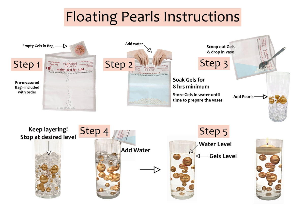 50 Floating Silver Pearls-Fills 1 Gallon of Floating Pearls & Transparent Gels for the Floating Effect-With Measured Gels Prep Bag-Option 3 Submersible Fairy Lights Strings