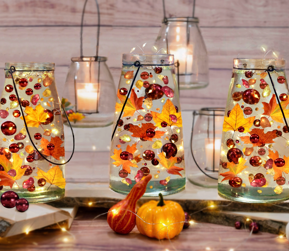 50 Floating Shades of Realistic Fall Leaves, Flowers, Pearls-Pebbles-Fills 1 Gallon-With Transparent Floating Gels-Options of 3 Submersible Fairy Lights