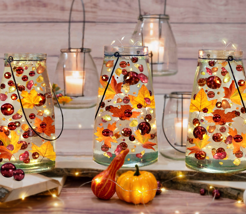 50 Floating Shades of Realistic Fall Leaves, Flowers, Pearls-Pebbles-Fills 1 Gallon-With Transparent Floating Gels-Options of 3 Submersible Fairy Lights