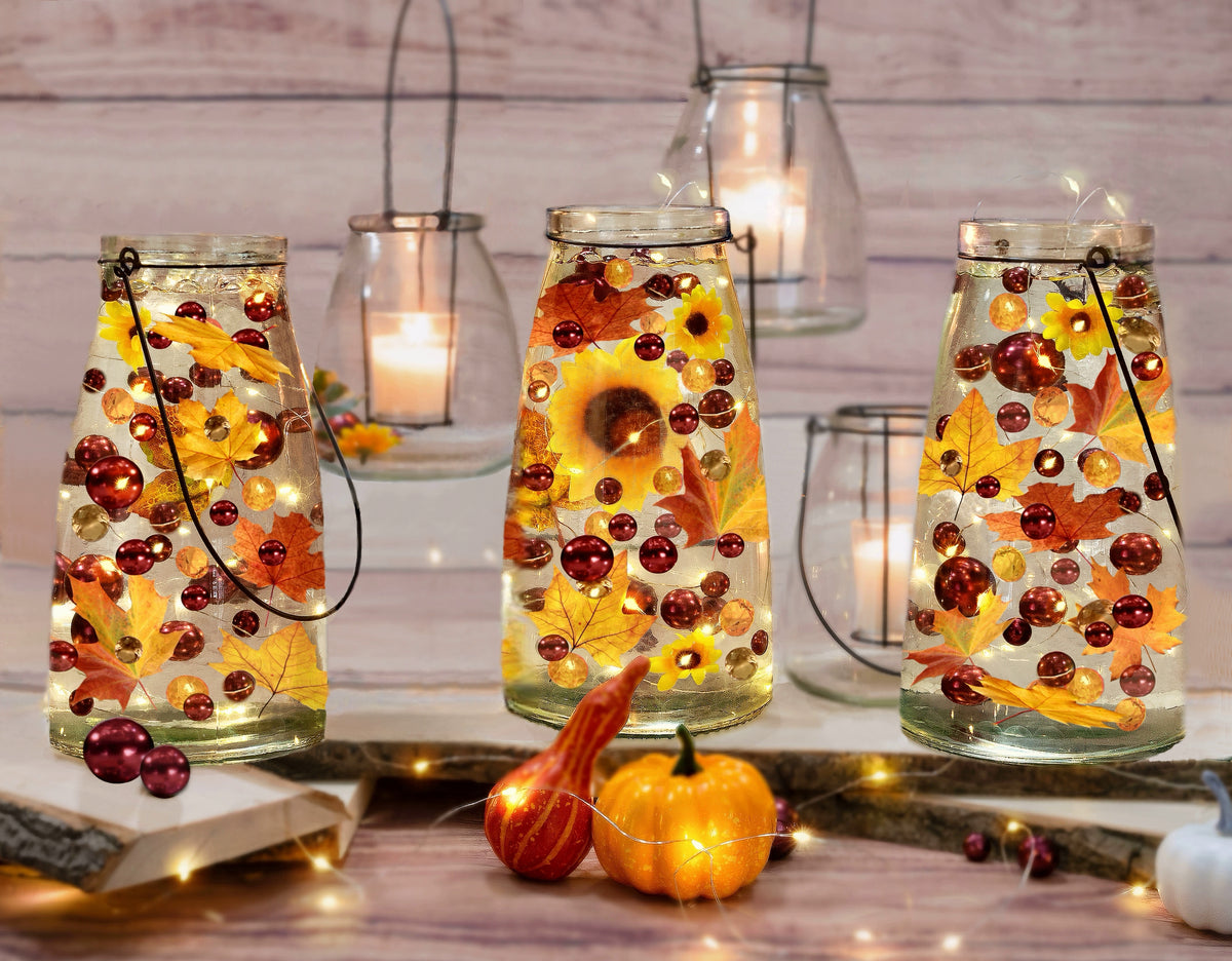 50 Floating Shades of Realistic Fall Leaves, Flowers, Pearls-Pebbles-Fills 1 Gallon-With Transparent Floating Gels-Options of 3 Submersible Fairy Lights