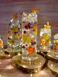 50 Floating Shades of Realistic Fall Leaves, Flowers, Pearls-Pebbles-Fills 1 Gallon-With Transparent Floating Gels-Options of 3 Submersible Fairy Lights