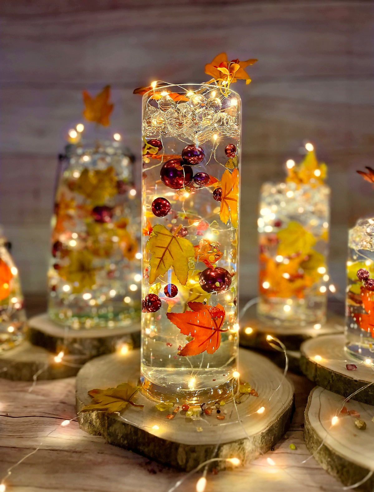 50 Floating Shades of Realistic Fall Leaves, Flowers, Pearls-Pebbles-Fills 1 Gallon-With Transparent Floating Gels-Options of 3 Submersible Fairy Lights