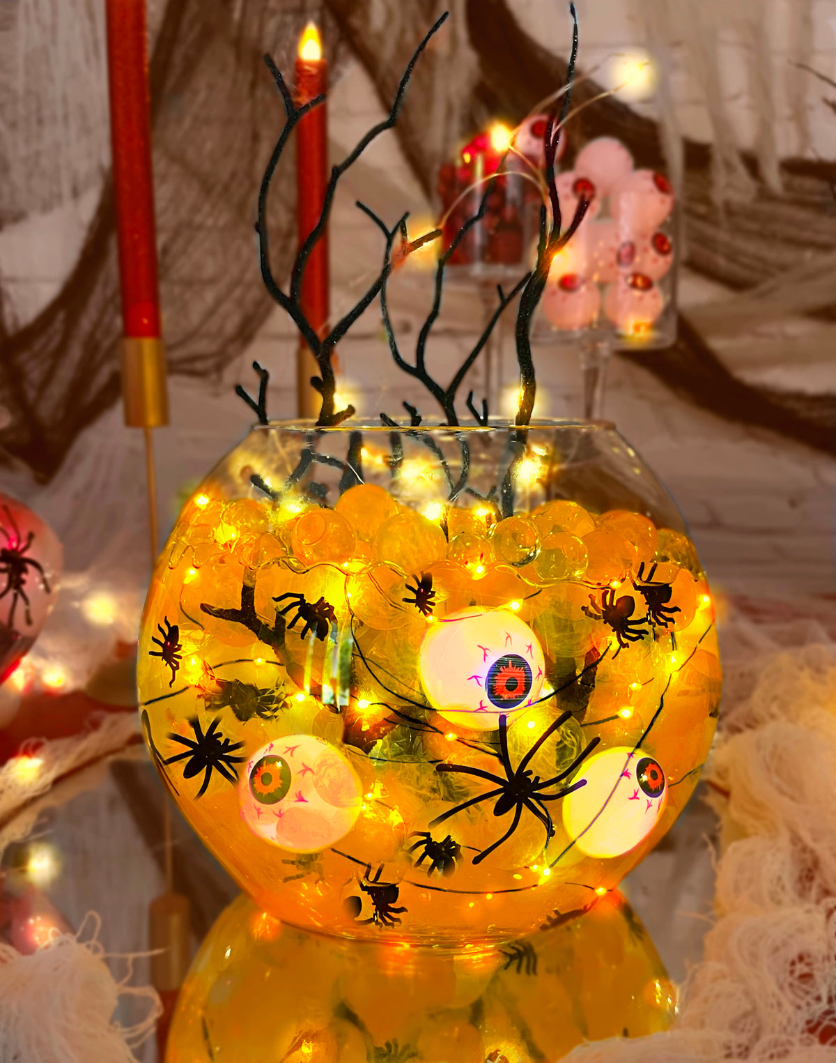 75 Floating Halloween Spiders, Orange/Black Color Effects Gems - Fills 1 Gallon - Options: 3 Submersible Orange Fairy Lights, and 6 Eyeballs