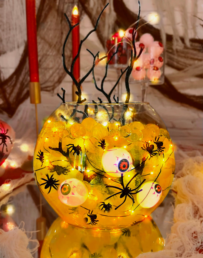 75 Floating Halloween Spiders, Orange/Black Color Effects Gems - Fills 1 Gallon - Options: 3 Submersible Orange Fairy Lights, and 6 Eyeballs