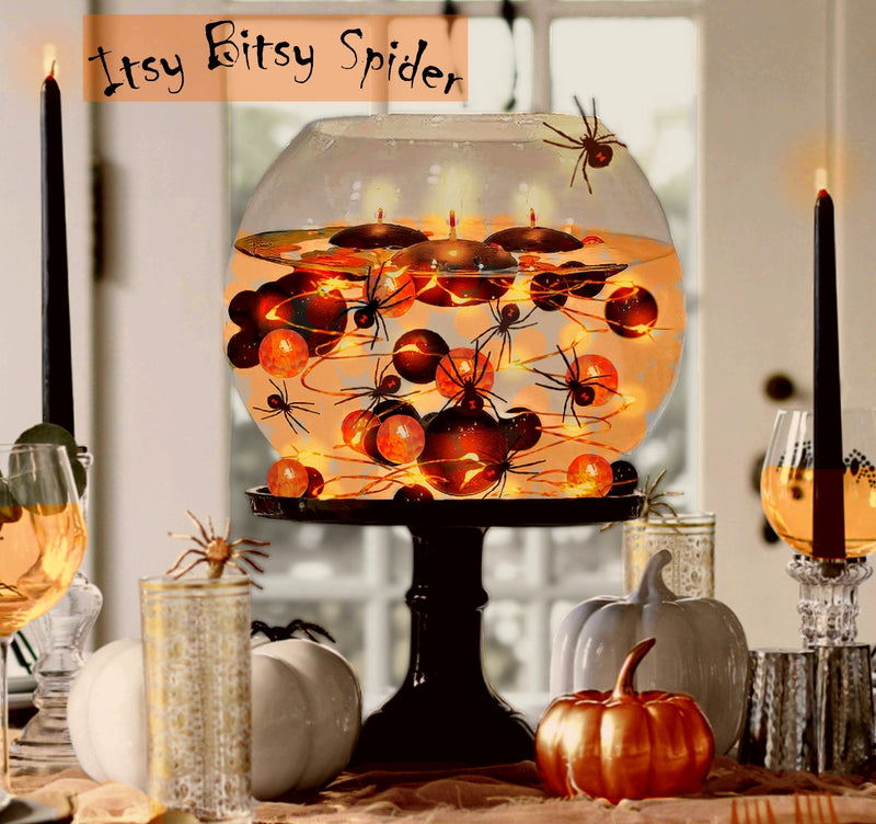 75 Floating Halloween Spiders, Orange/Black Color Effects Gems - Fills 1 Gallon - Options: 3 Submersible Orange Fairy Lights, and 6 Eyeballs