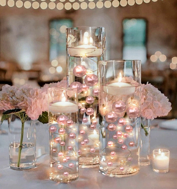 75 Floating Blush Light Pink Pearls Large Sizes- Option of 3 Submersible Fairy Lights Strings Hidable Submersible Batteries- 1 Gallon of Transparent Water Gels for Vases