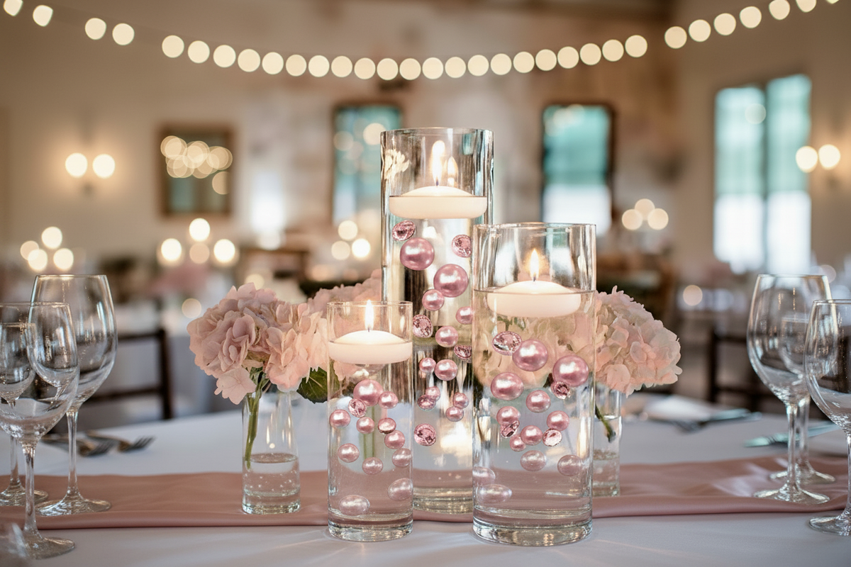 100 Floating Light Pink Pearls & Pink Sparkling Gems-Large-Option of 3 Submersible LED Fairy Lights Strings with Hidable Submersible Batte-Fills 2 Gallons of Transparent Water Gels for your Vases