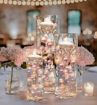 100 Floating Light Pink Pearls with Matching Pink Gems- Large Sizes- Fills 2 Gallons of the Transparent Floating Gels for Your Vases- With Pre-Measured Prep Bags- Option of 6 Submersible Fairy Lights Strings