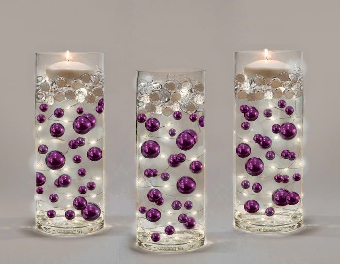75 Purple Plum Floating Pearls-Fills 1 Gallon of Floating Transparent Gels for Vases-With Pre-Measured Prep Bag-With Option of 3 Fairy Lights Stings