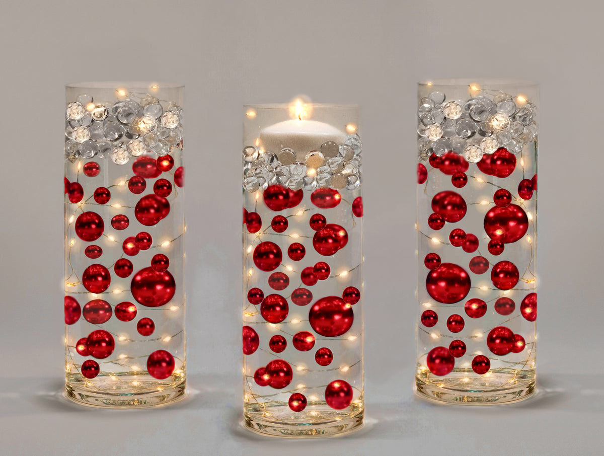 100 "Floating" Red Pearls and Matching Gems-Shiny-Jumbo Sizes-Fills 2 Gallons for Your Vases-With Transparent Water Gels Floating Kit-Option: 6 Submersible Fairy Lights Strings