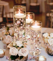 100 Floating Rose Gold Pearls & Floating Rose Gold Gems- Option of 6 Submersible Fairy Lights Strings Hidable Submersible Batteries- 2 Gallons of Transparent Water Gels for Vases