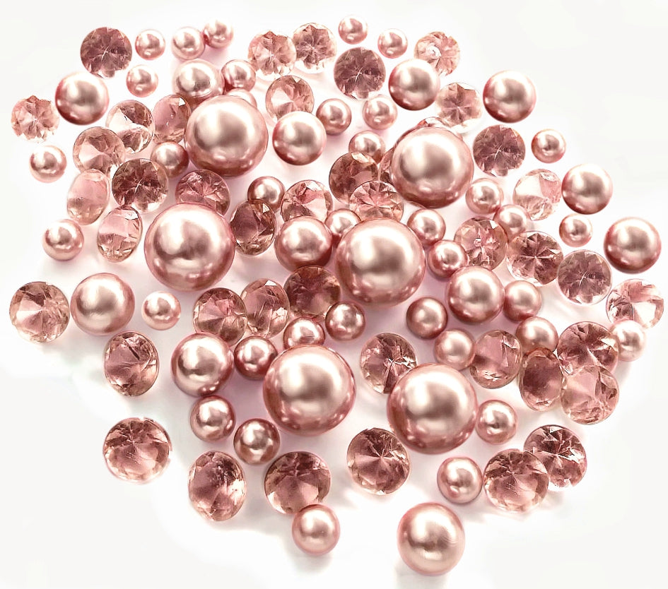 100 Floating Rose Gold Pearls & Floating Rose Gold Gems-Fills 2 Gallons of The Transparent Floating Gels-With Exclusive Gels Prep Bags-Option of 6 Submersible Fairy Lights Strings