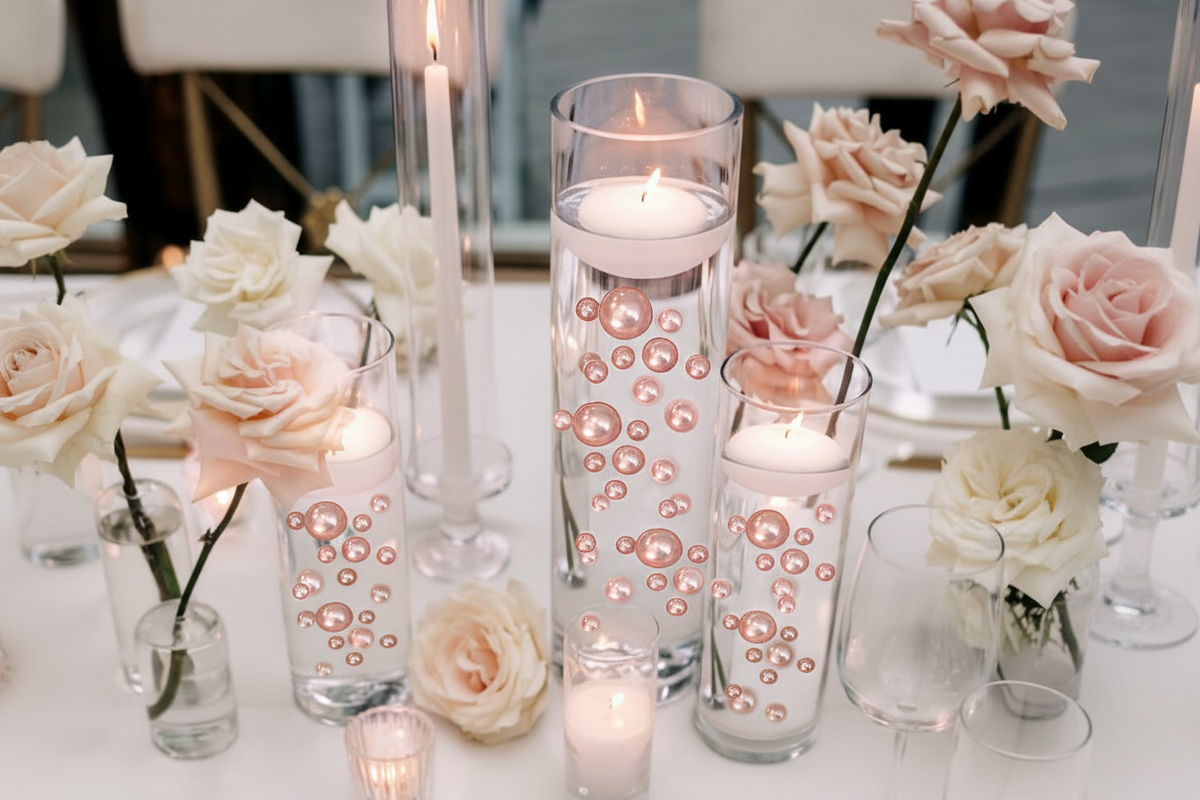 100 Floating Rose Gold Pearls & Floating Rose Gold Gems- Option of 6 Submersible Fairy Lights Strings Hidable Submersible Batteries- 2 Gallons of Transparent Water Gels for Vases