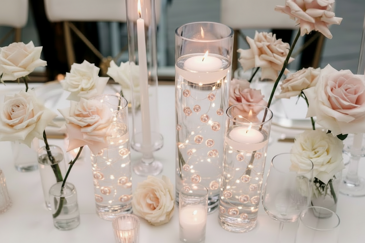 100 Floating Rose Gold Pearls & Floating Rose Gold Gems- Option of 6 Submersible Fairy Lights Strings Hidable Submersible Batteries- 2 Gallons of Transparent Water Gels for Vases