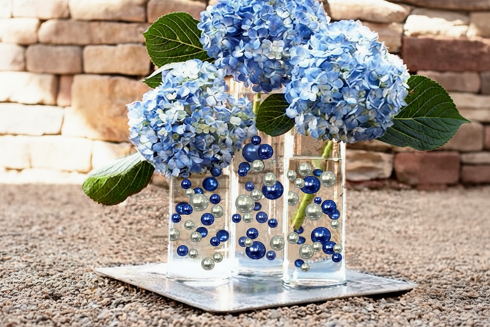 115 Floating Royal Blue/ Navy Pearls & Silver Glitter Pearls-Large-Option of 6 Submersible Fairy Lights Strings with Hidable Submersible Batteries- Fills 2 Gallons of Transparent Water Gels for Your Vases