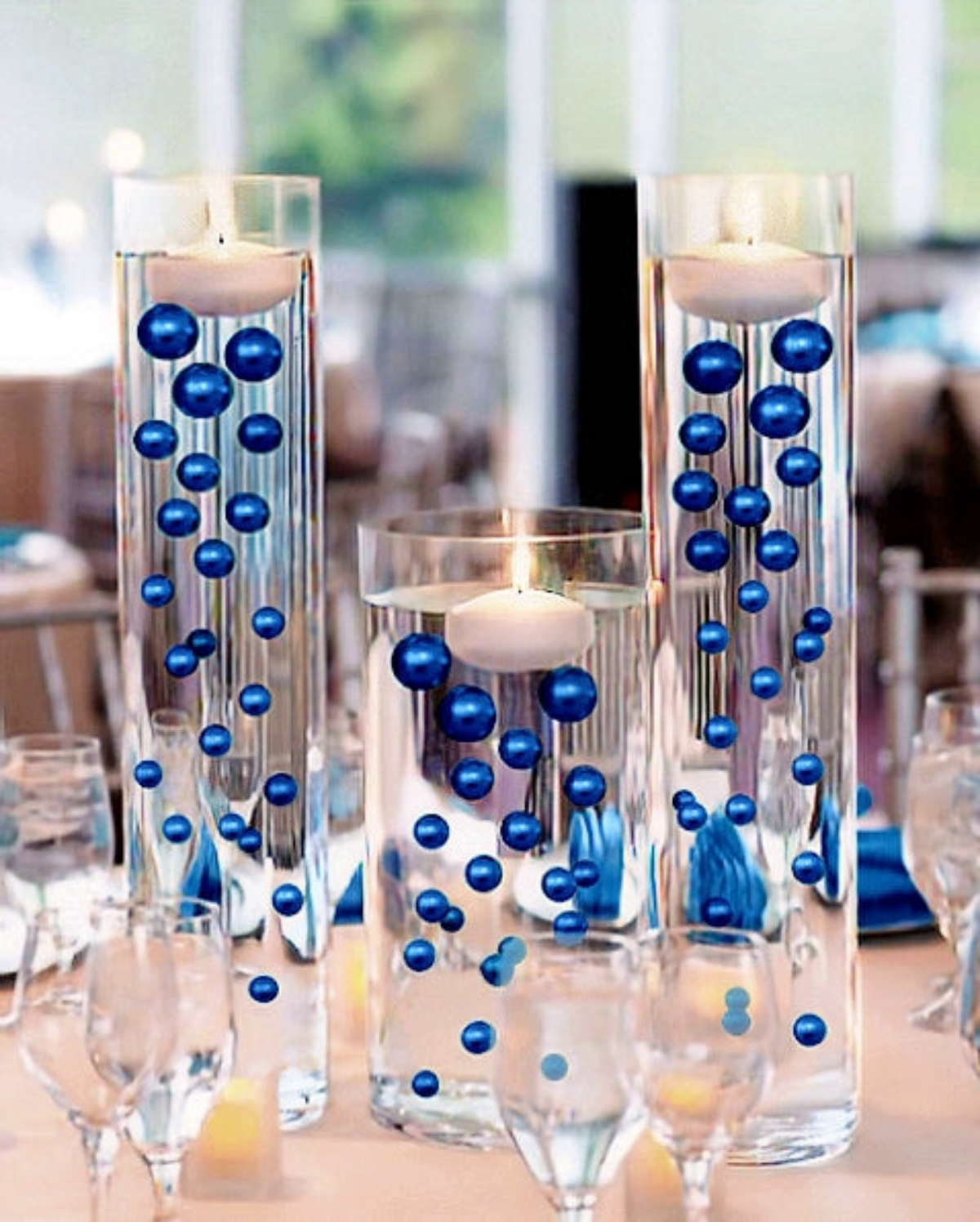 75 Floating Royal Blue (Navy) Pearls Large Sizes- Option of 3 Submersible Fairy Lights Strings Hidable Submersible Batteries- 1 Gallon of Transparent Water Gels for Vases