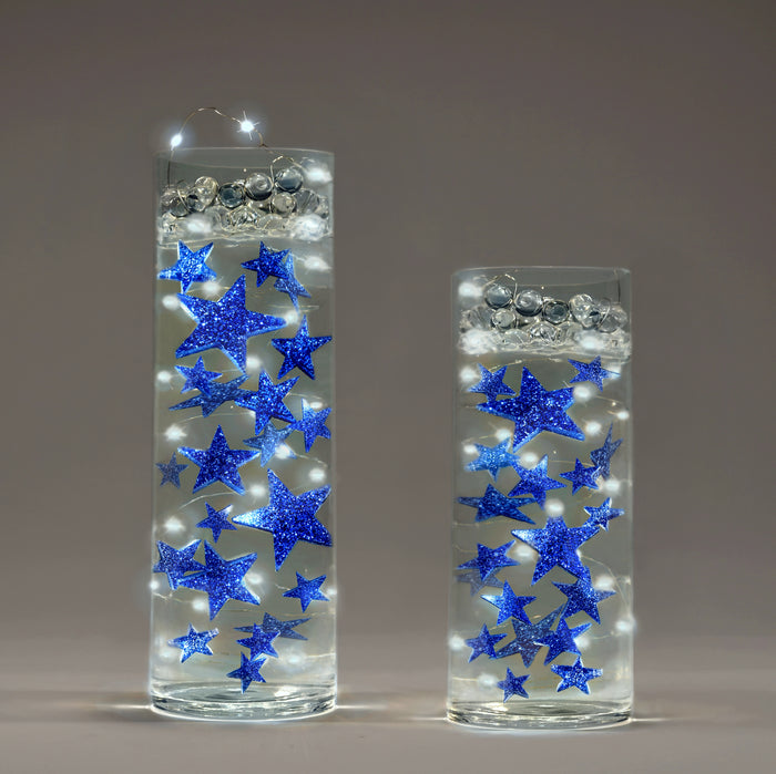 50 Floating Blue Stars-Glitter-1 Pk Fills 1 Gallon for Your Vases-Including Transparent Water Gels Floating Measured Kit-Exclusive-Option: Submersible Fairy Lights Strings-Stunning Vase Decorations