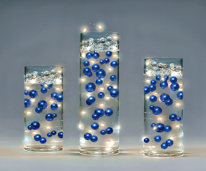 75 Floating Royal Blue (Navy) Pearls-Shiny-Jumbo Sizes-Fills 1 Gallon of Floating Pearls & Transparent Gels for Your Vases-With Transparent Gels Floating Kit-Option: 3 Submersible Fairy Lights Strings