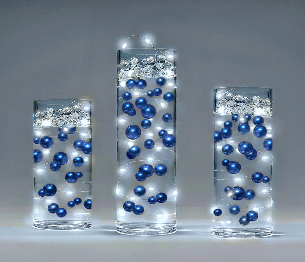 75 Floating Royal Blue (Navy) Pearls Large Sizes- Option of 3 Submersible Fairy Lights Strings Hidable Submersible Batteries- 1 Gallon of Transparent Water Gels for Vases