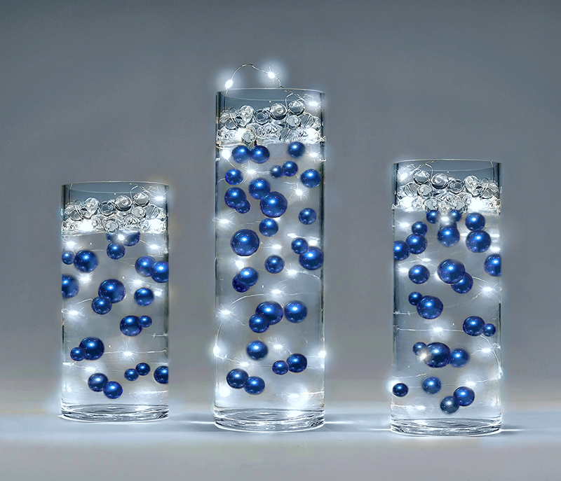 75 Floating Royal Blue (Navy) Pearls-Shiny-Jumbo Sizes-Fills 1 Gallon of Floating Pearls & Transparent Gels for Your Vases-With Transparent Gels Floating Kit-Option: 3 Submersible Fairy Lights Strings