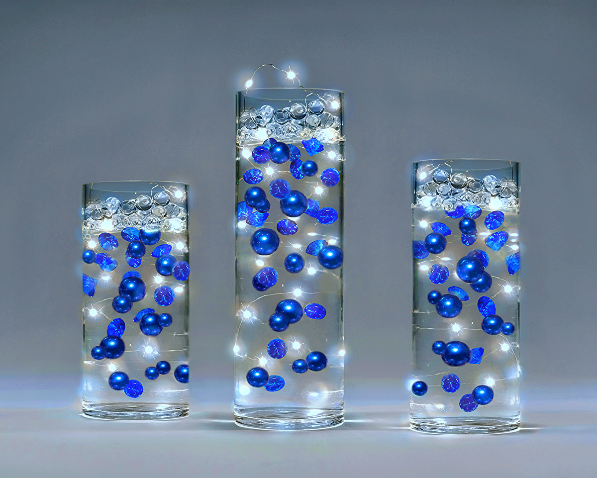 100 Floating Royal Blue/Navy Pearls and Matching Gems-Fills 2 Gallons of The Most Transparent Gels for The Floating Effect-With Gels Measured Prep Bags-Option: 6 Submersible Fairy Lights Strings