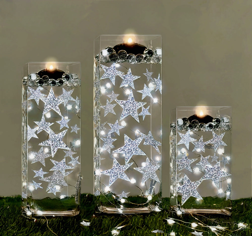 50 Floating Silver Stars Glitter-Fills Gallons for Your Vases With Transparent Floating Gels Kit+ Option 3 Submersible LED Fairy Lights Strings with Hidable and Submersible Battery