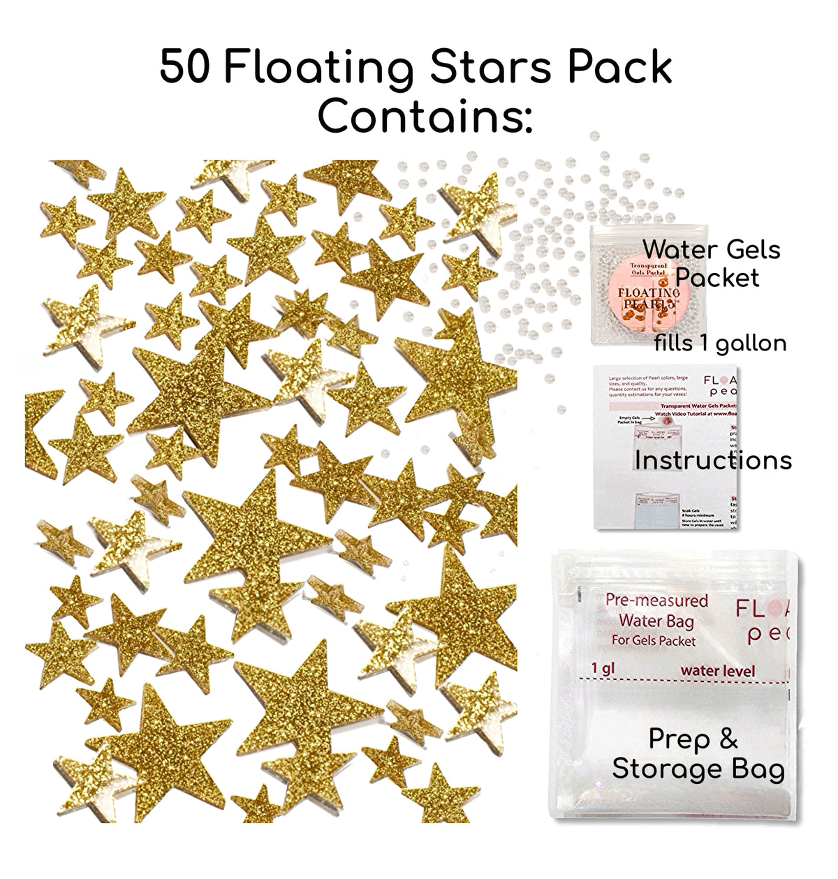 50 Floating Gold Stars- Sparkling- Large Sizes- Fills 1 Gallon of the Transparent Floating Gels for Your Vases- With Pre-Measured Prep Bags- Option of 3 Submersible LED Fairy Lights Strings with Hidable and Submersible Battery