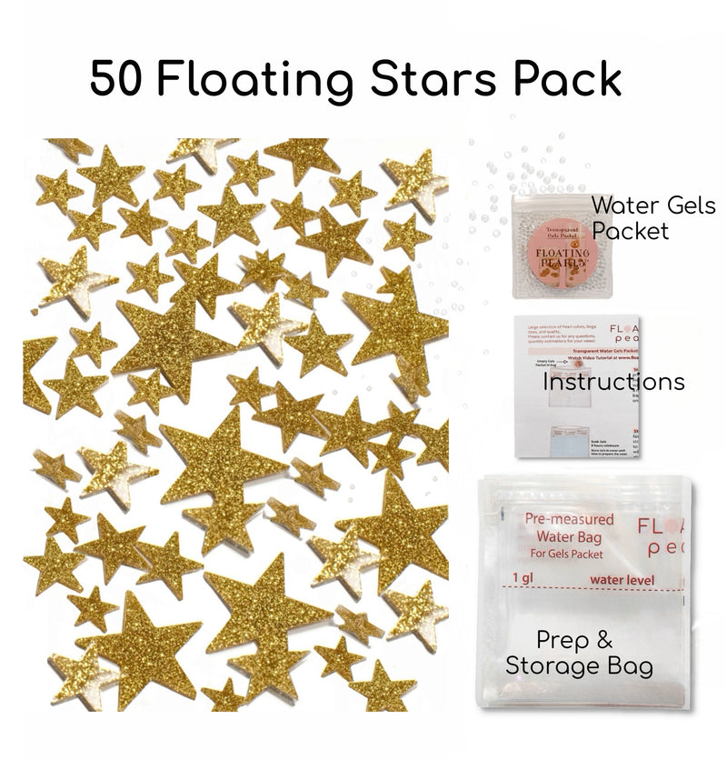 50 Floating Gold Stars- Sparkling- Large Sizes- Fills 1 Gallon of the Transparent Floating Gels for Your Vases- With Pre-Measured Prep Bags- Option of 3 Submersible Fairy Lights Strings