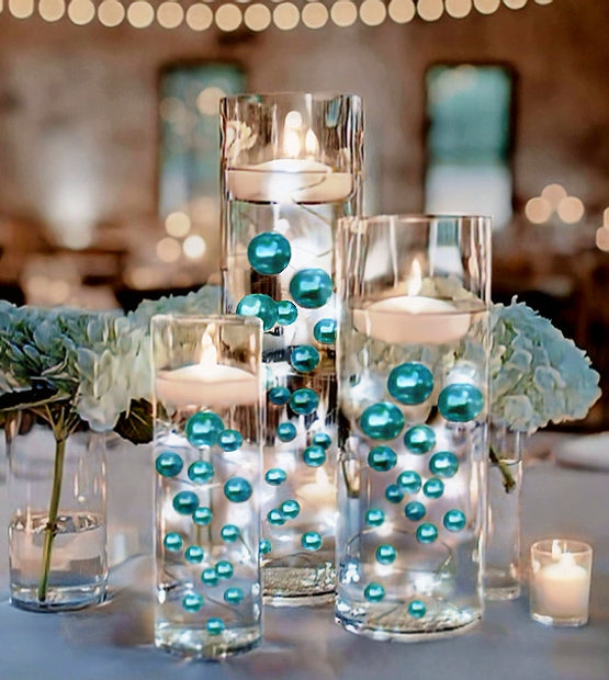 100 Floating Turquoise Blue/Teal Pearls and Matching Gems-Fills 2 Gallons of The Transparent Gels for the Floating Effect-Option: 6 Submersible Fairy Lights Strings