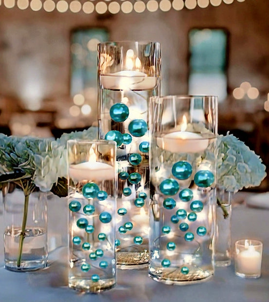 100 Floating Turquoise Blue/Teal Pearls and Matching Gems-Fills 2 Gallons of The Transparent Gels for the Floating Effect-Option: 6 Submersible Fairy Lights Strings