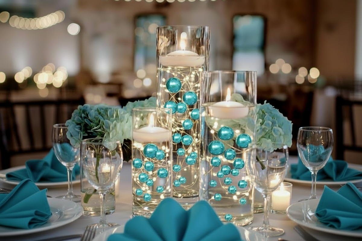 100 Floating Turquoise Blue Pearls and Sparkling Gems Large Sizes- Option of 6 Submersible Fairy Lights Strings Hidable Submersible Batteries- 2 Gallons of Transparent Water Gels for Vases