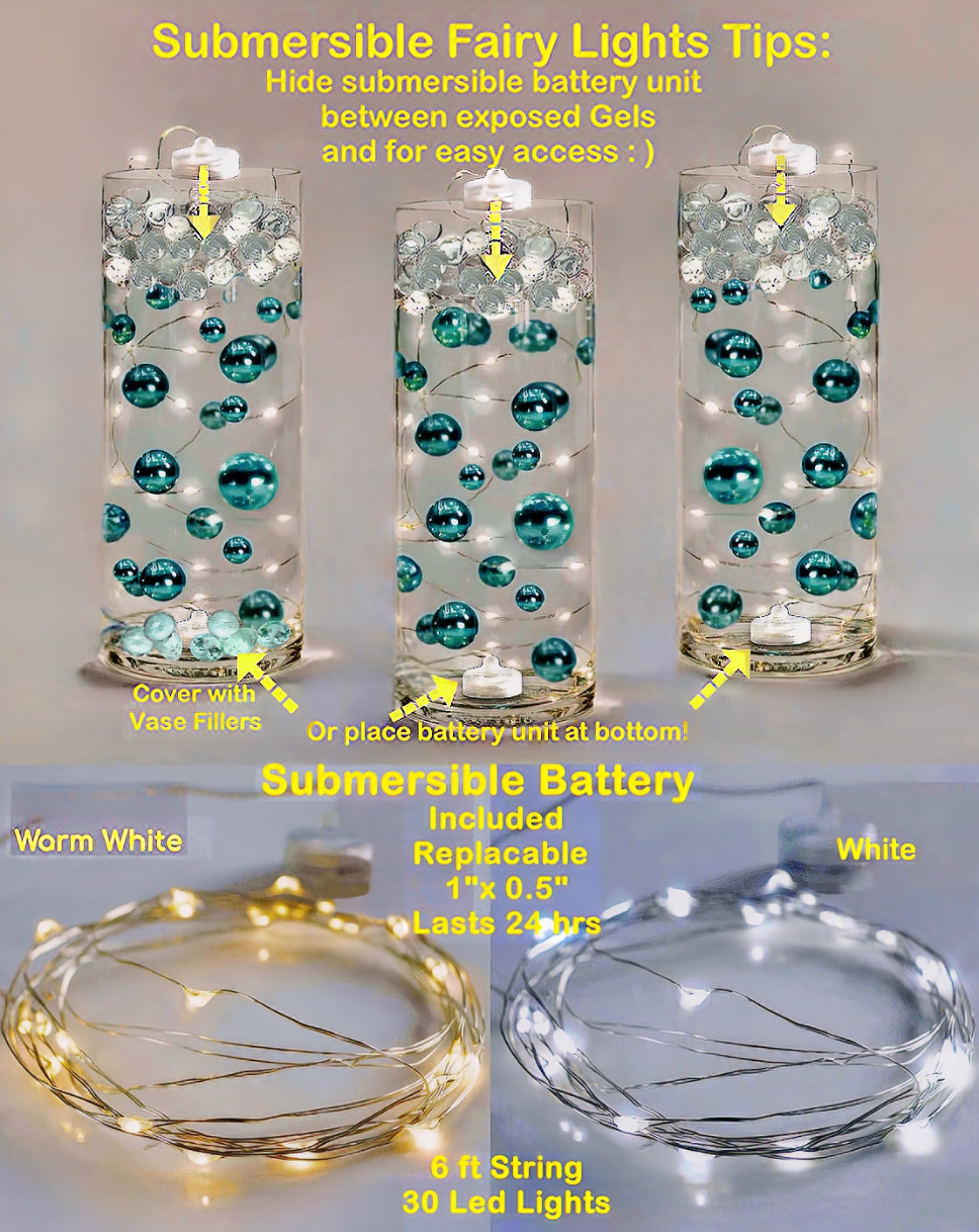100 Floating White Pearls and Sparkling Gems - Fills 2 Gallons of the Transparent Water Gels for the Floating Effect- With Exclusive Measured Prep Bags - Option: 6 Submersible Fairy Lights Strings