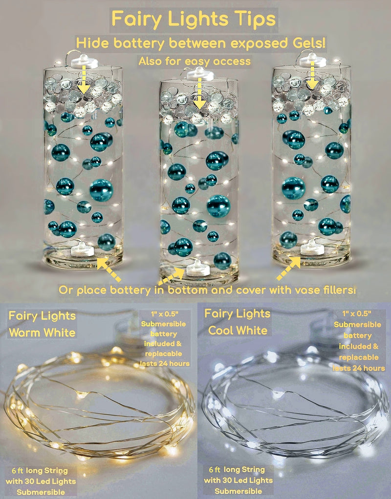 75 Floating Gold Pearls - Fills 1 Gallon of the Transparent Water Gels for the Floating Effect- With Exclusive Measured Prep Bags - Option: 3 Submersible Fairy Lights Strings