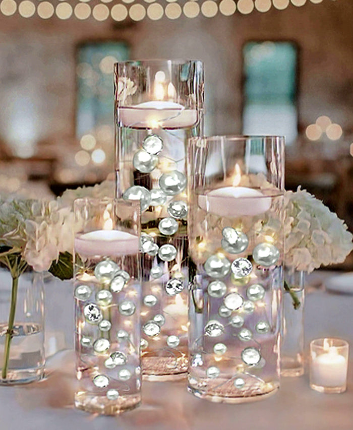 100 Floating White Pearls and Sparkling Gems - Fills 2 Gallons of the Transparent Water Gels for the Floating Effect- With Exclusive Measured Prep Bags - Option: 6 Submersible Fairy Lights Strings
