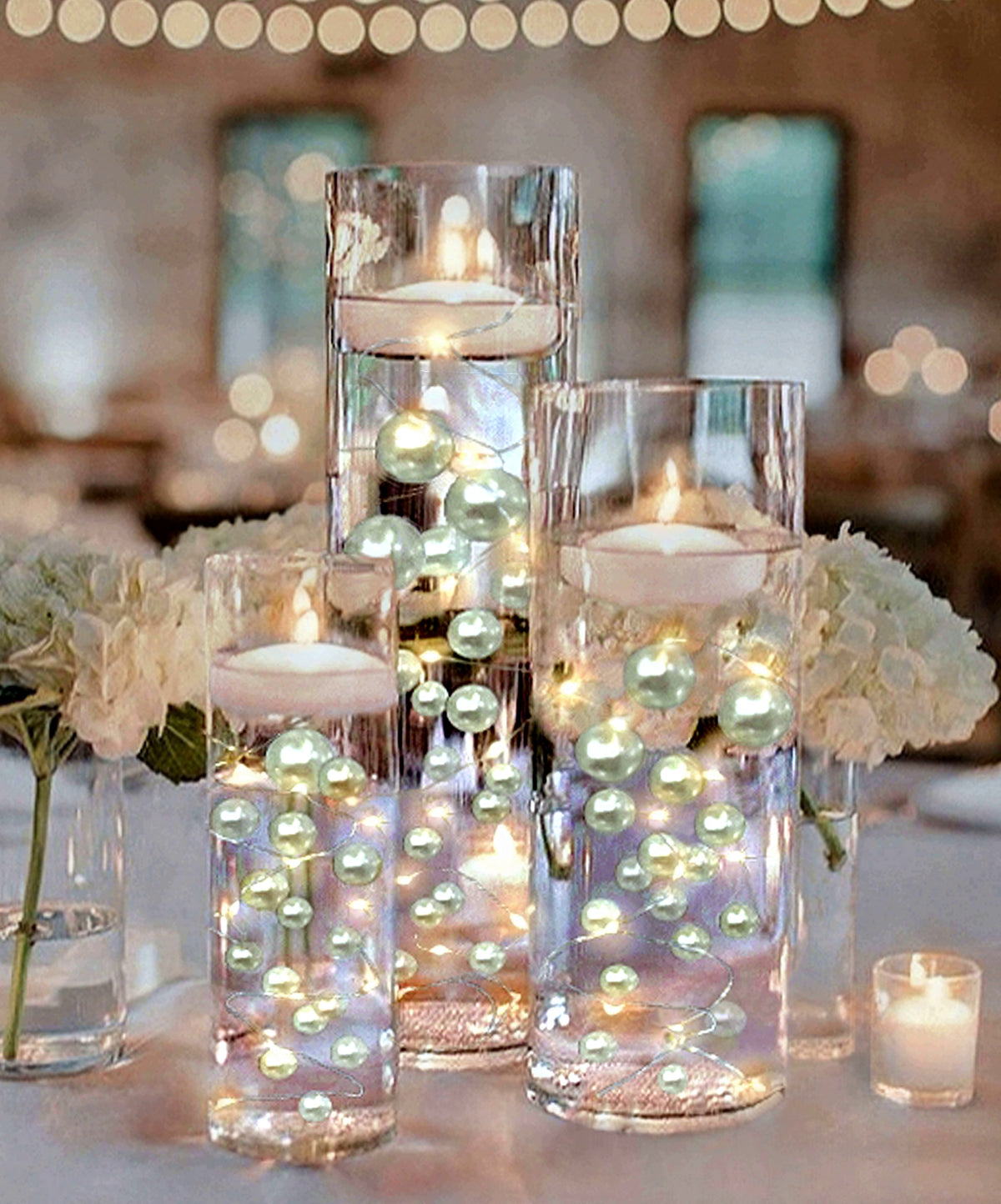 75 Floating White Pearls - Fills 1 Gallon of the Transparent Water Gels for the Floating Effect- With Exclusive Measured Prep Bags - Option: 3 Submersible Fairy Lights Strings
