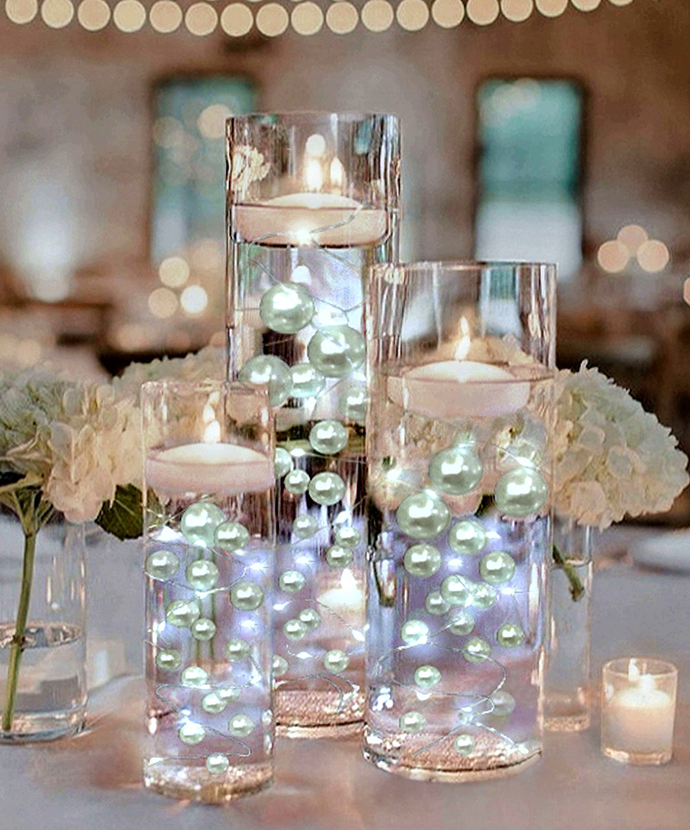 75 Floating White Pearls Large Sizes- Option of 3 Submersible Fairy Lights Strings Hidable Submersible Batteries- Fills 1 Gallon for Your Vases