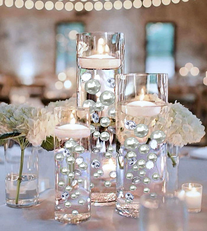100 Floating White Pearls and Sparkling Gems - Fills 2 Gallons of the Transparent Water Gels for the Floating Effect- With Exclusive Measured Prep Bags - Option: 6 Submersible Fairy Lights Strings