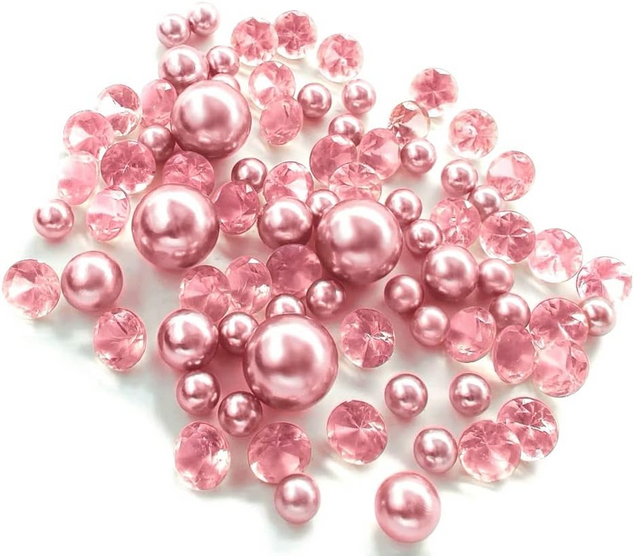 100 Floating Light Pink Pearls & Floating Matching Gems - Fills 2 Gallons of Transparent Gels for Floating Effect - With Floating Gels Measured Prep Bags - Option: 6 Submersible Fairy Lights Strings