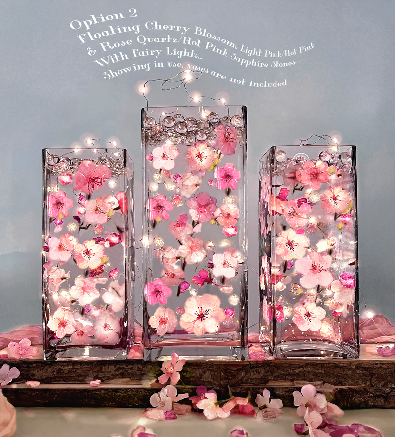 60 Floating Pink Cherry Blossoms-Matching Pink Sea Glass & Pearls-Fills 1 Gallon of the Transparent Gels for the Floating Effect-With Measured Prep Bag-Option:3 Submersible Fairy Lights