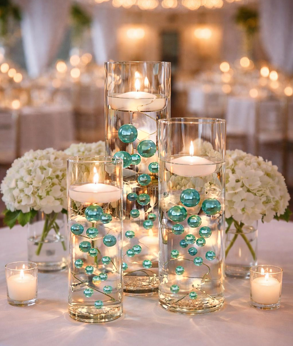 100 Floating Turquoise Blue Pearls and Sparkling Gems Large Sizes- Option of 6 Submersible Fairy Lights Strings Hidable Submersible Batteries- 2 Gallons of Transparent Water Gels for Vases