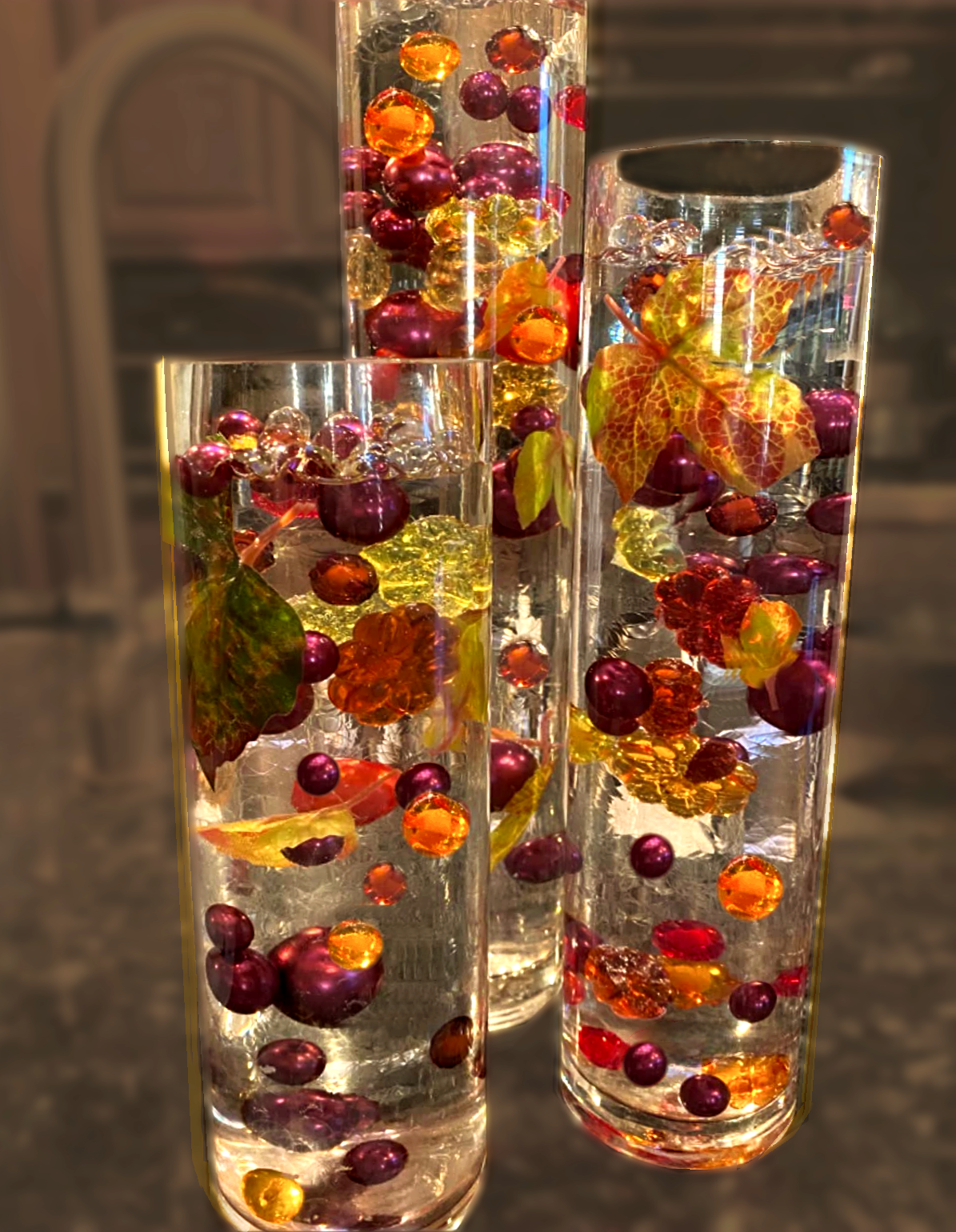 50 Floating Realistic Fall Leaves- Pumpkins- Mums & Pearls- Large sizes- Fills 1 Gallon of The Transparent Water Gels for Vases- With Pre-Measured Prep Bag- Option 3 Submersible LED Fairy Lights Strings with Hidable and Submersible Battery