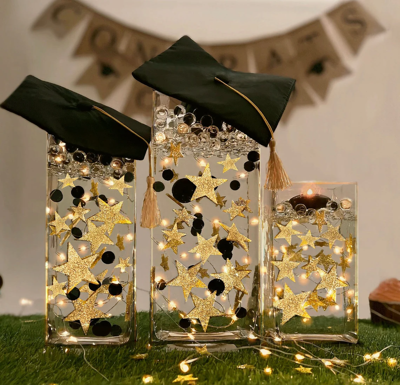 Floating Glowing Gold Stars-Large Sizes-Fills 1 Gallon of Floating Stars and the Transparent Gels for Vases-Including Measured Prep Bag-Option of Submersible Fairy Lights Strings