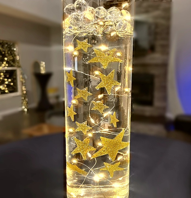 Floating Glowing Gold Stars-Large Sizes-Fills 1 Gallon of Floating Stars and the Transparent Gels for Vases-Including Measured Prep Bag-Option of Submersible Fairy Lights Strings