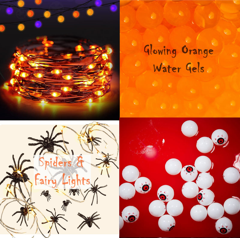 75 Floating Halloween Spiders, Orange/Black Color Effects Gems - Fills 1 Gallon - Options: 3 Submersible Orange Fairy Lights, and 6 Eyeballs