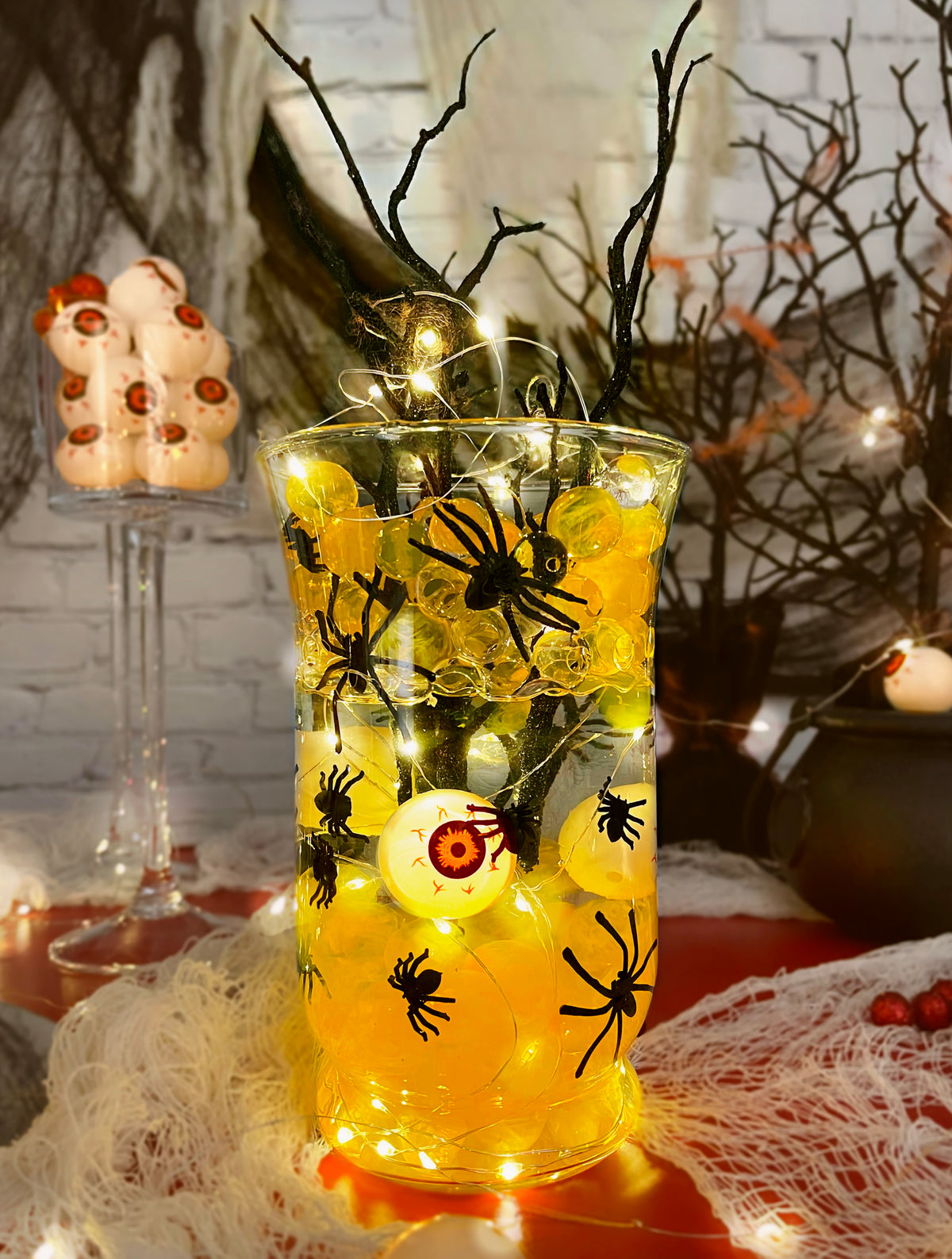 75 Floating Halloween Spiders, Orange/Black Color Effects Gems - Fills 1 Gallon - Options: 3 Submersible Orange Fairy Lights, and 6 Eyeballs